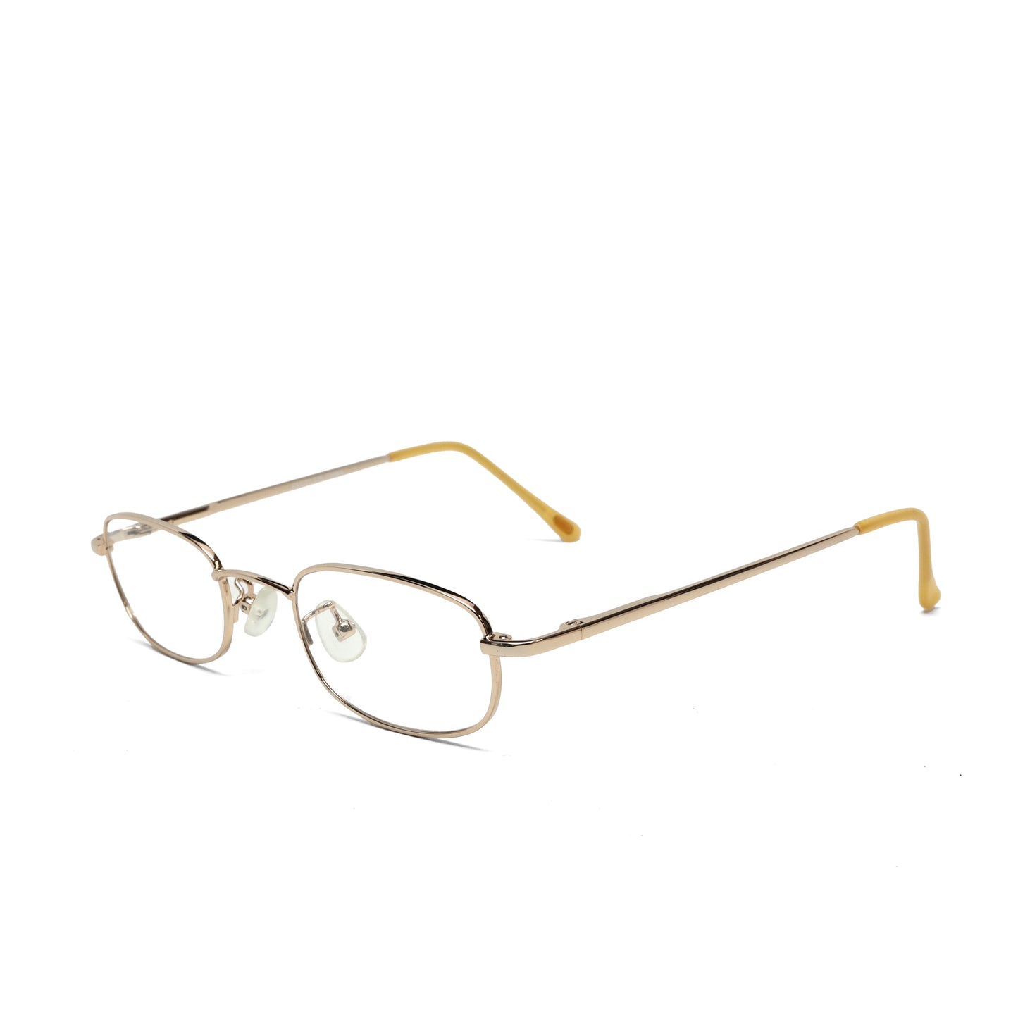 //Specs 061// Classic 1990s Wire Rectangle Non Lens Specs w/Spring Hinges – Gold