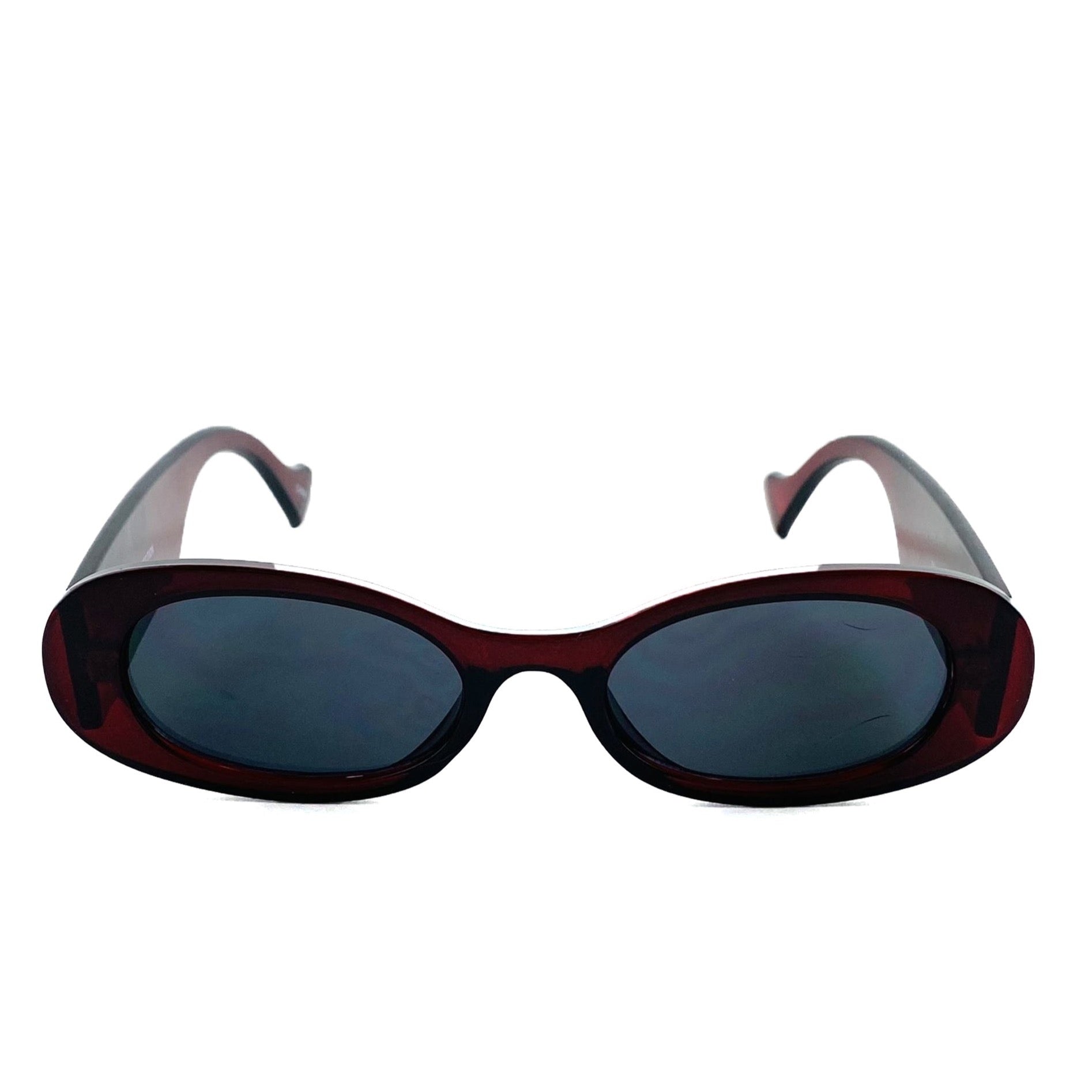 Authentic oversized mod style retro red sunglasses with thick frame and dark lenses