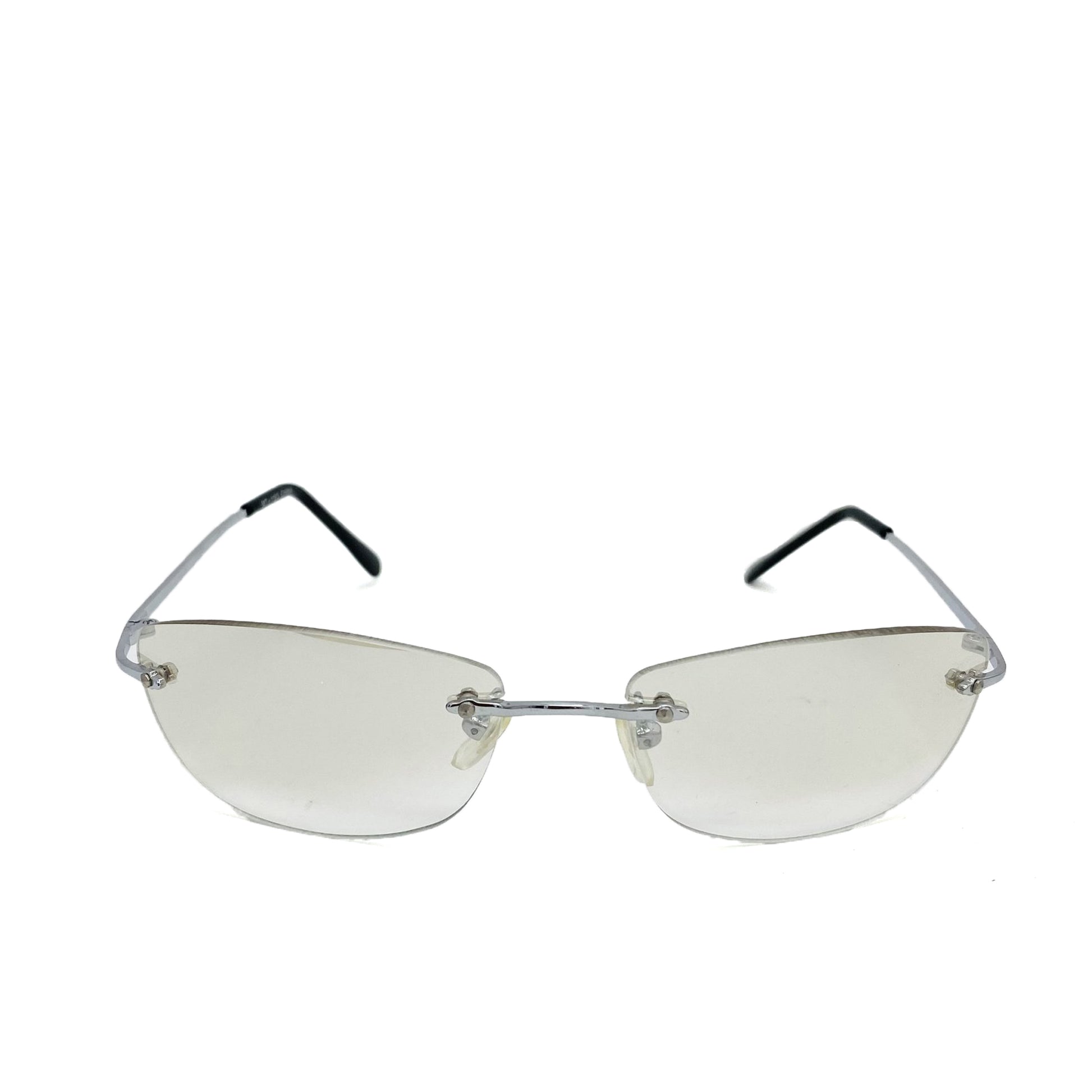 cyber y2k style, clear lens, rimless frame, vintage sunglasses with silver color