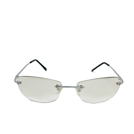 cyber y2k style, clear lens, rimless frame, vintage sunglasses with silver color