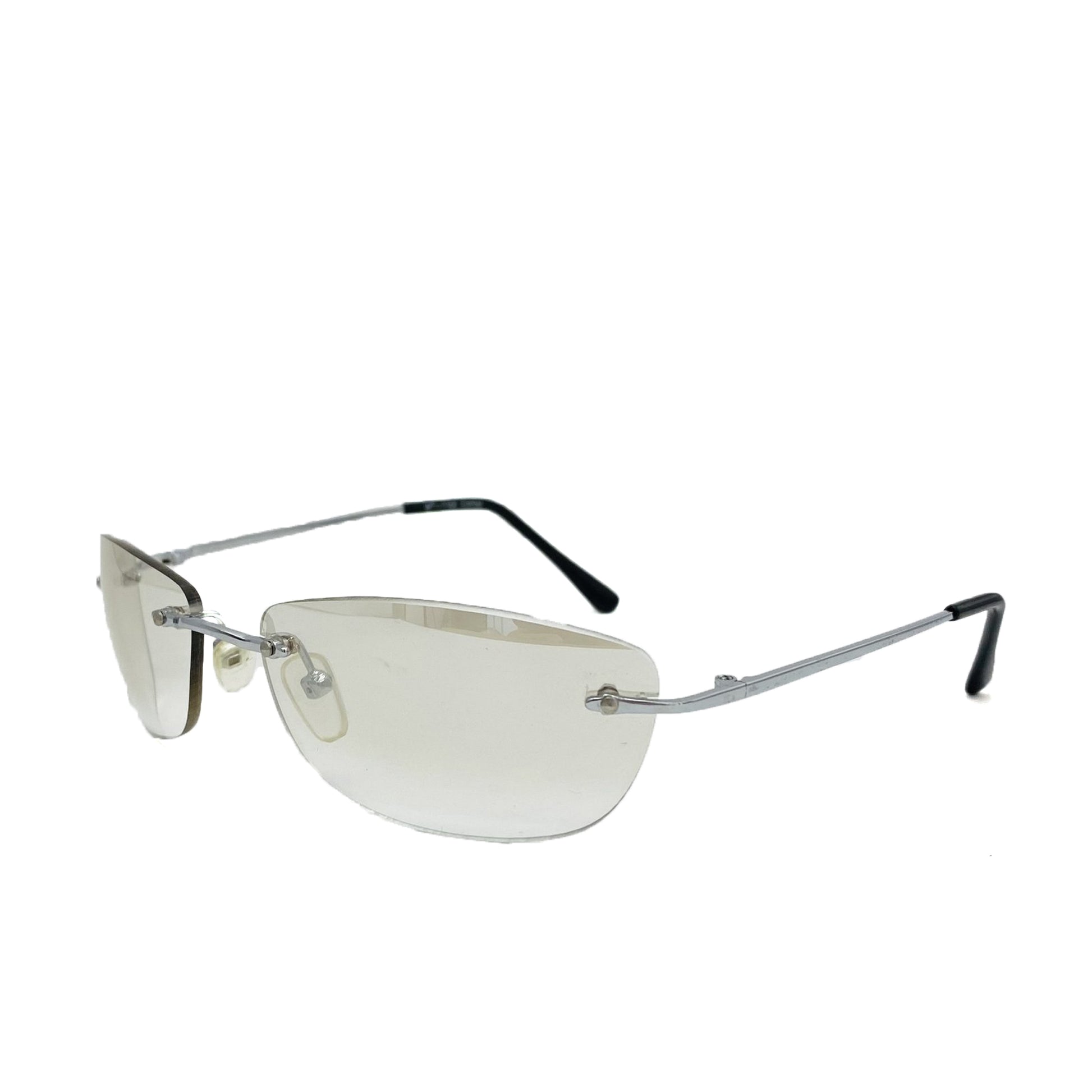 mod style, clear lens, rimless frame, vintage sunglasses with silver color
