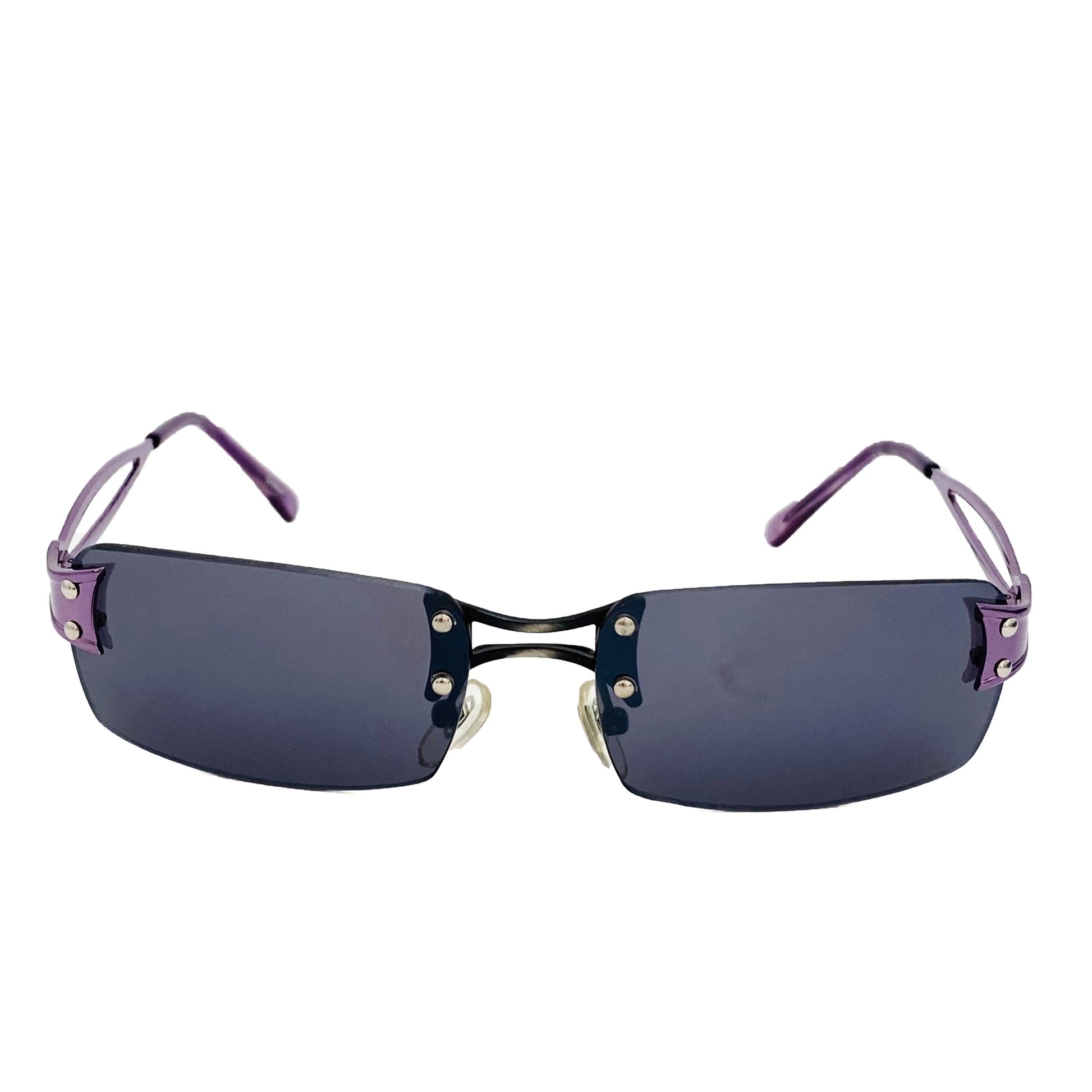 cyber y2k style, grey lens, frameless, genuine vintage sunglasses with purple frame