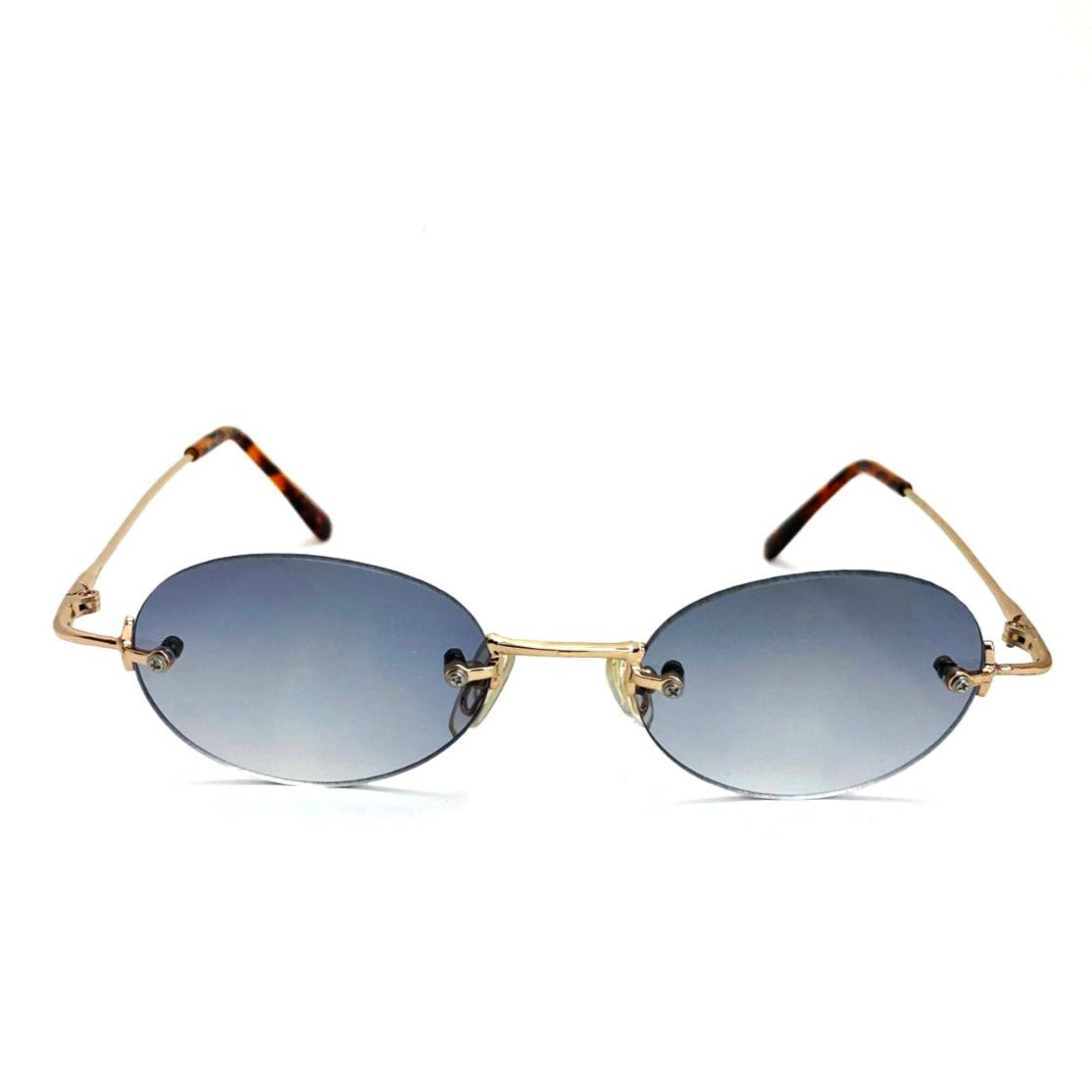 1990s style vintage gold oval rimless sunglasses with grey lens 